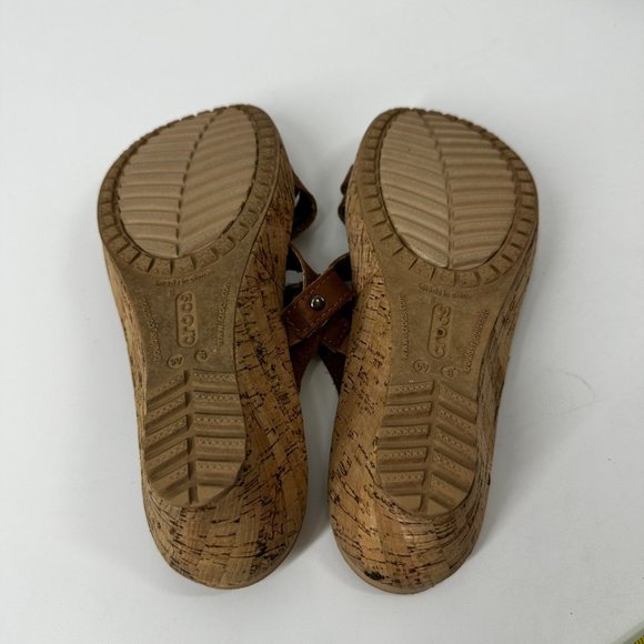 Crocs Sandals Brown Leather A-Leigh Cork Low Wedge Size 8 Slip On - Picture 5 of 11